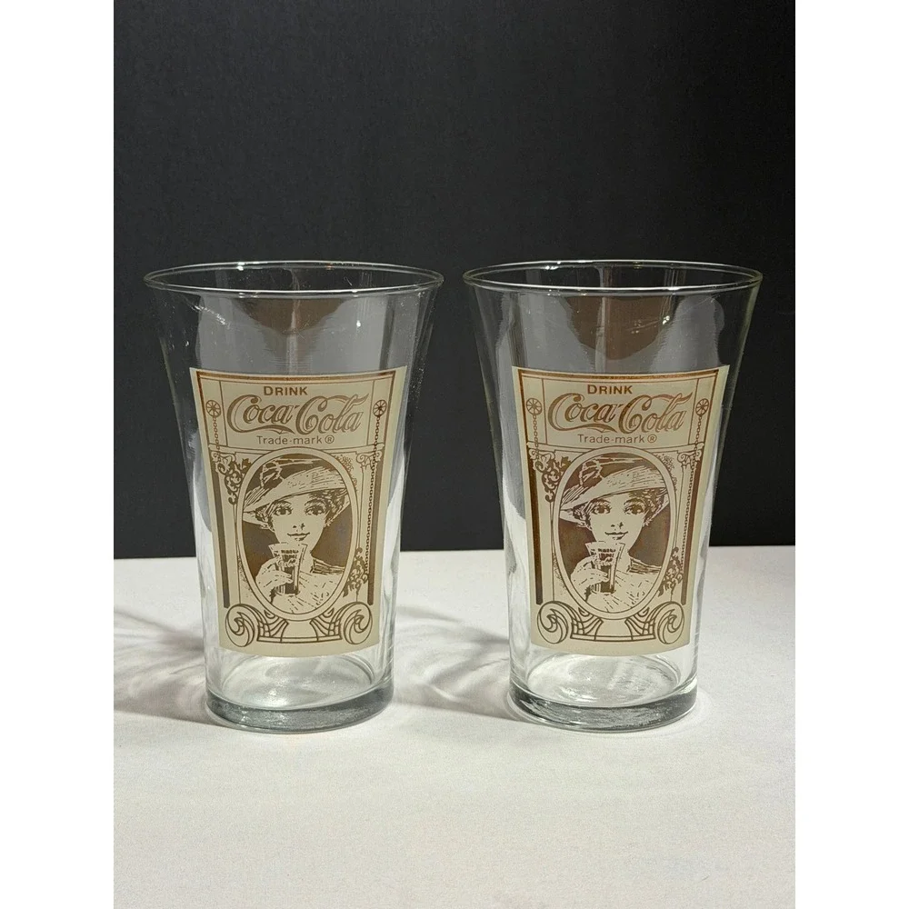 Coca-Cola Archives 16oz Flair‎ Glass Set of 2 Turn of the Century Design Sepia